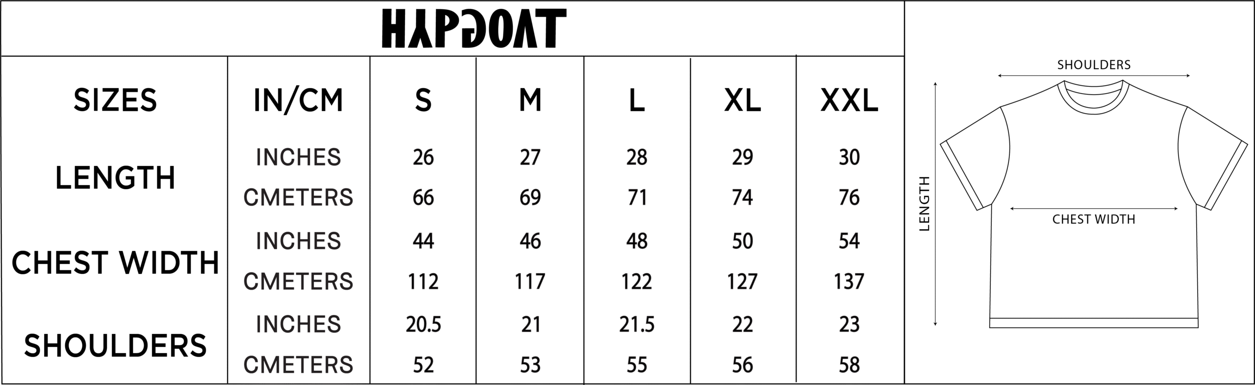 Void T-shirt size chart for hypgoat