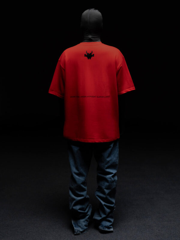 Model wearing HYPGOAT Red Basic T-Shirt back view.
