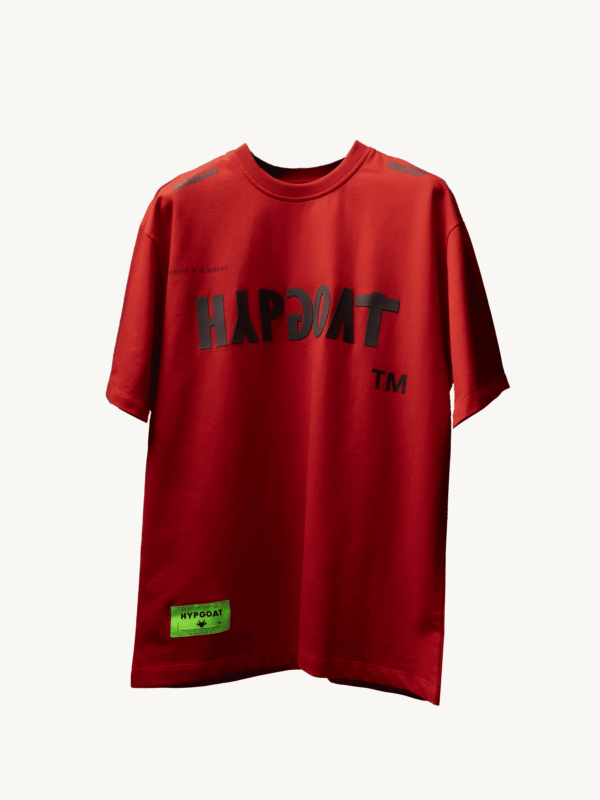 iling of HYPGOAT Red Basic T-Shirt stitching and branding.